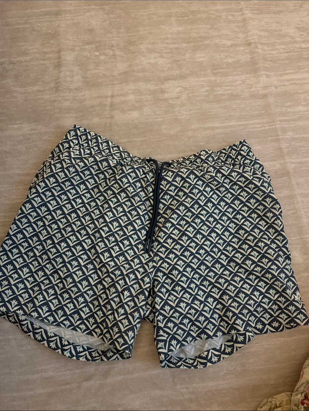 Men's Blue & Cream Athletic Swim Shorts with Print